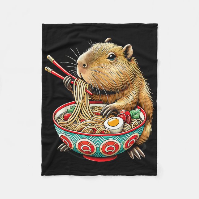 Capybara Loves Noodle Capybara Eating Japanese Ram Fleece Blanket (Front)
