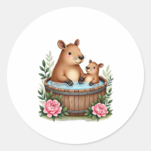 Capybara Mum Hot Tub Spa Day Mother's Day Watercol Classic Round Sticker