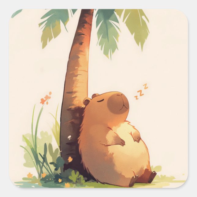 Capybara Napping Under Palm Tree Square Sticker (Front)