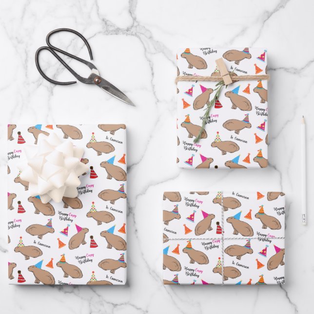 Capybara Personalized Kids Birthday White Wrapping Paper Sheet (Front)
