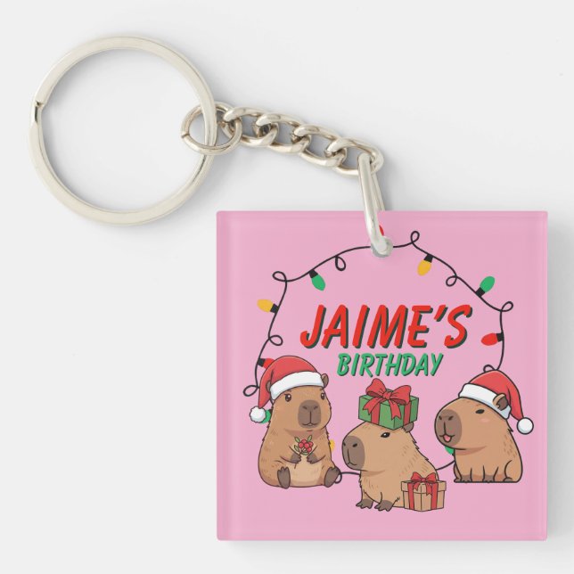 Capybara Pink Christmas Holiday Birthday Key Ring (Front)