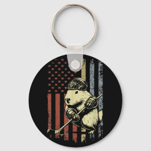 Capybara Playing Hockey American Flag Capybara Hoc Key Ring