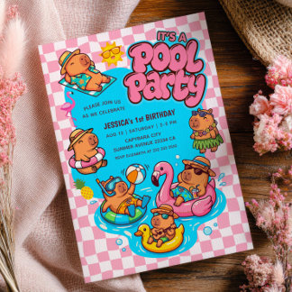 Capybara Pool Party Chequered Pink 1st Birthday Invitation