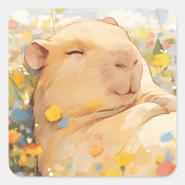 Capybara Resting in Peaceful Pastures Square Sticker (Front)