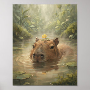 Capybara Resting in Thermal Spring Yellow Flower W Poster