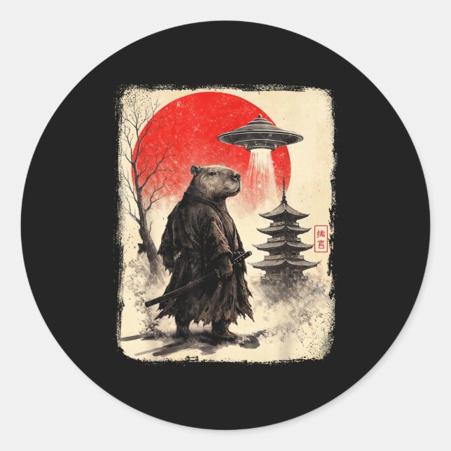 Capybara Samurai Retro Ufo Japanese Warrior Tenshu Classic Round Sticker (Front)
