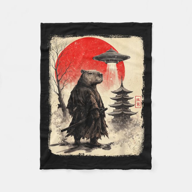 Capybara Samurai Retro Ufo Japanese Warrior Tenshu Fleece Blanket (Front)