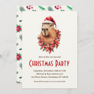 Capybara Santa Hat Poinsettias Christmas Party Invitation