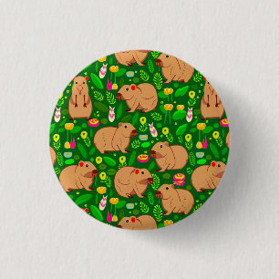 Capybara Sketch with Spring Flowers on Green 3 Cm Round Badge