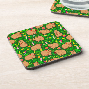 Capybara Sketch with Spring Flowers on Green Coaster