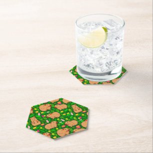 Capybara Sketch with Spring Flowers on Green Paper Coaster