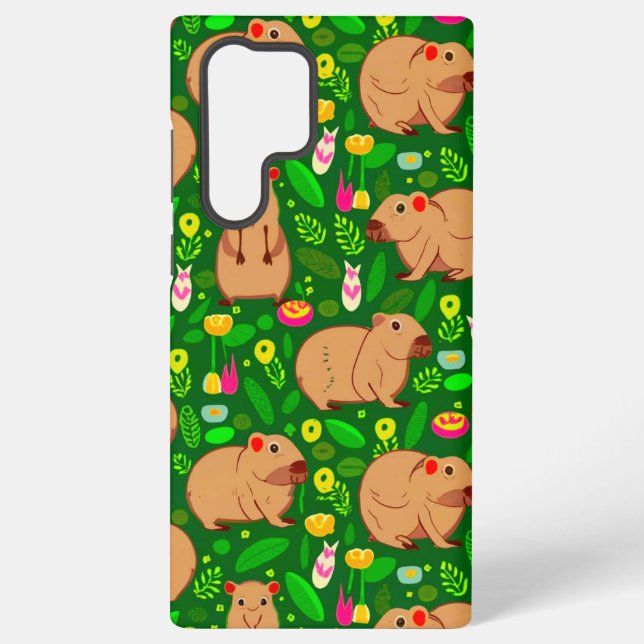 Capybara Sketch with Spring Flowers on Green Samsung Galaxy S22 Ultra Case (Back)