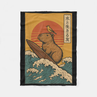 Capybara Surfing Japanese Fleece Blanket