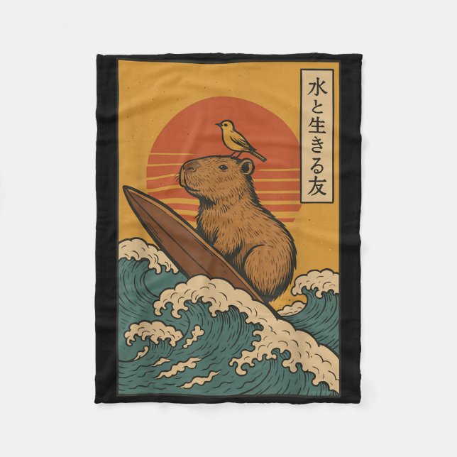 Capybara Surfing Japanese  Fleece Blanket (Front)