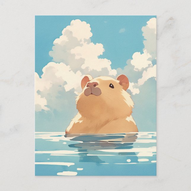 Capybara Swimming in Blue Water under White Clouds Postcard (Front)
