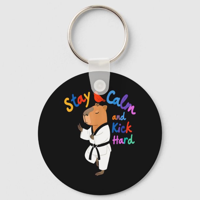 Capybara Taekwondo Stay Calm Funny Key Ring (Front)