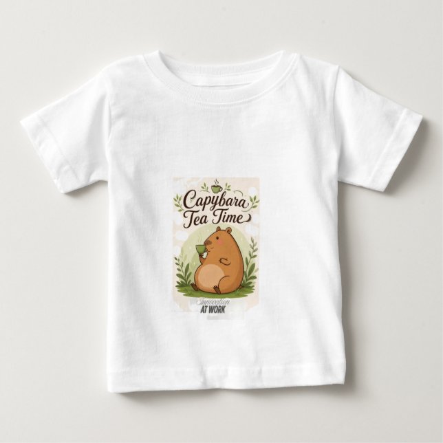 Capybara Tea Time | Cute Capybara Drinking Tea Fun Baby T-Shirt (Front)