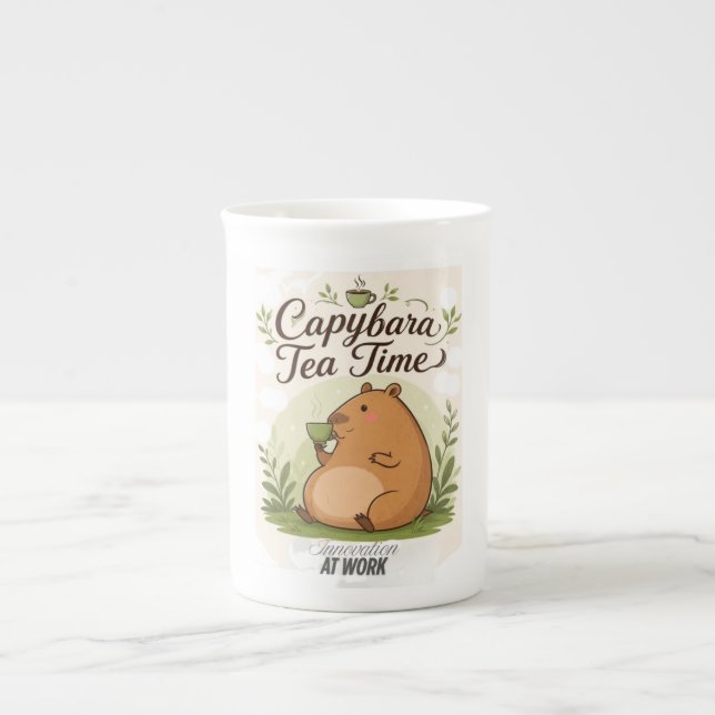 Capybara Tea Time | Cute Capybara Drinking Tea Fun Bone China Mug (Front)