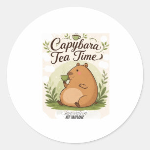 Capybara Tea Time   Cute Capybara Drinking Tea Fun Classic Round Sticker
