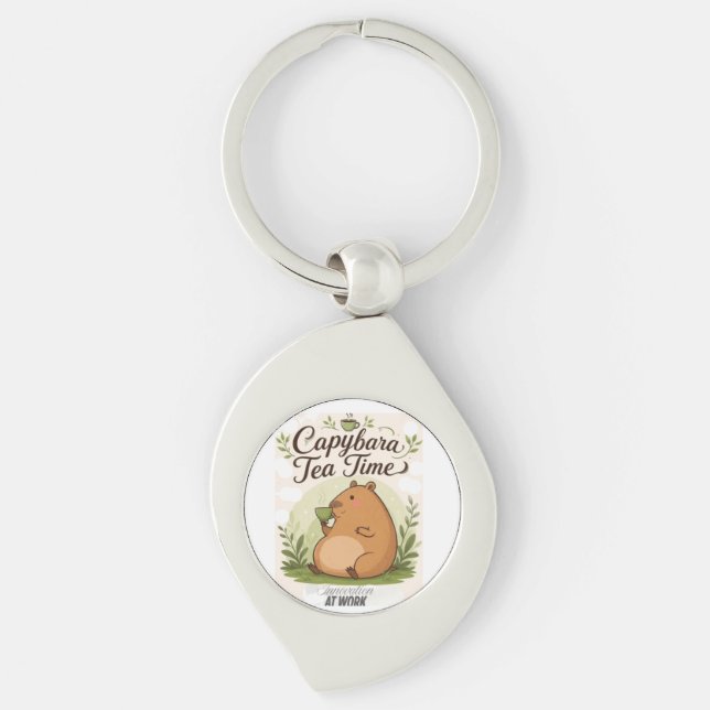 Capybara Tea Time | Cute Capybara Drinking Tea Fun Key Ring (Front)