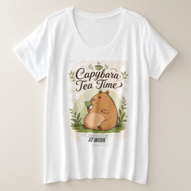 Capybara Tea Time | Cute Capybara Drinking Tea Fun Plus Size T-Shirt (Design Front)