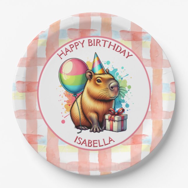 Capybara themed Girl's Birthday Party Paper Plate (Front)