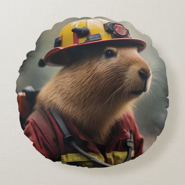 "Capybara to the Rescue: Firefighter Extraordinair Round Cushion (Front)