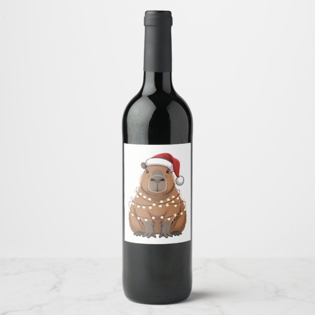 Capybara Xmas Matching Funny Santa Wine Label (Front)