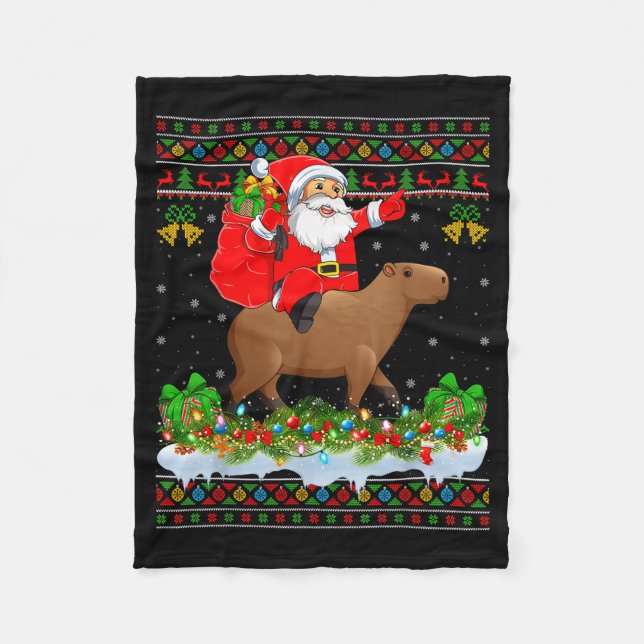 Capybara Xmas Pajamas Ugly Santa Riding Capybara C Fleece Blanket (Front)