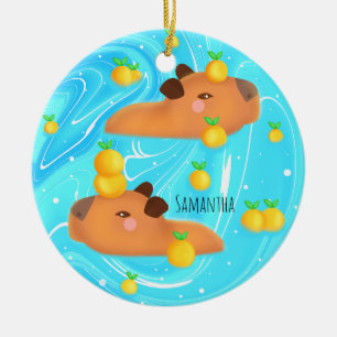 Capybaras In Water With Oranges Ceramic Tree Decoration