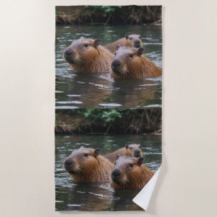 Capybaras' Swimming In The River, Beach Towel