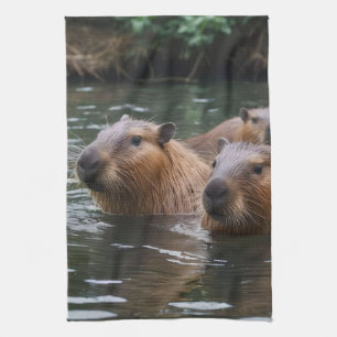 Capybaras' Swimming In The River, Tea Towel