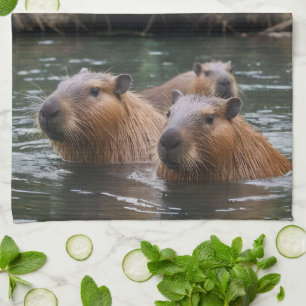Capybaras' Swimming In The River, Tea Towel