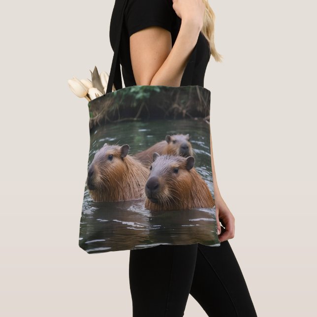 Capybaras' Swimming In The River,  Tote Bag (Close Up)