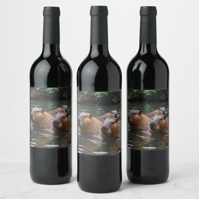 Capybaras' Swimming In The River,  Wine Label (Bottles)