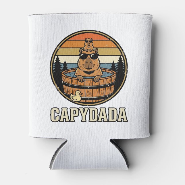 Capydada Capybara Dad Retro Hot Tub Vector Design_ Can Cooler (Front)
