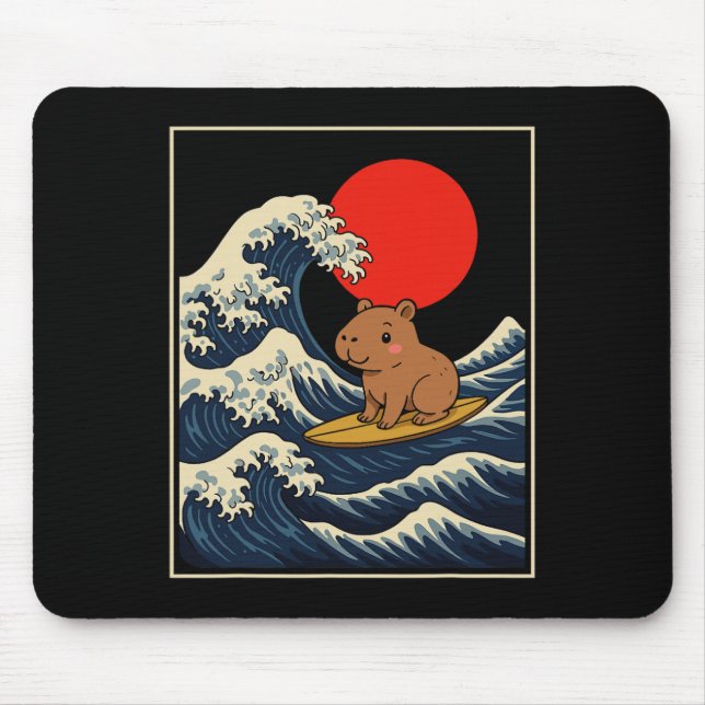 Capyra Riding Waves Under Pink Sky Funny Summer Te Mouse Pad (Front)