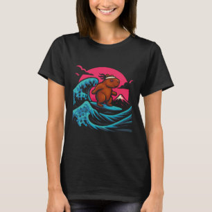 Capyra Riding Waves Under Pink Sky Funny Summer Te T-Shirt