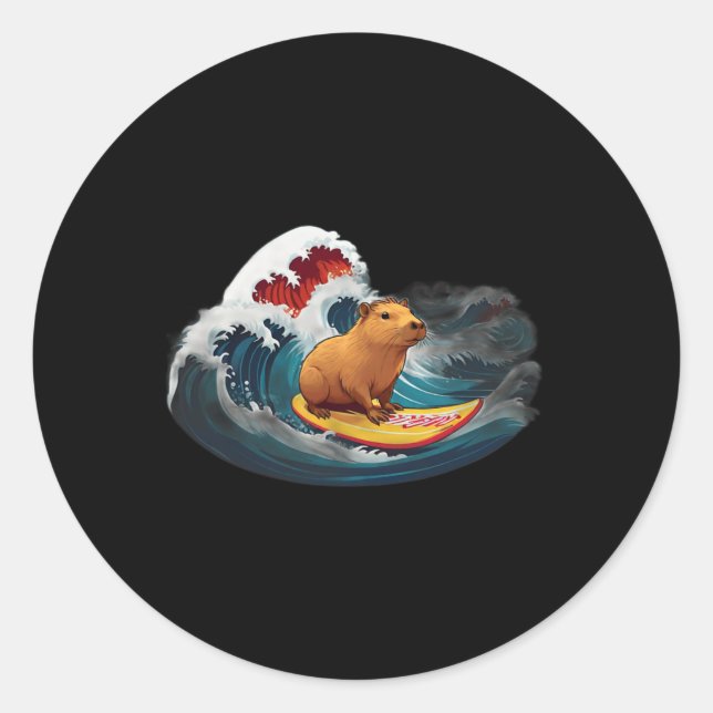 Capyra Surfing Big Wave  Classic Round Sticker (Front)