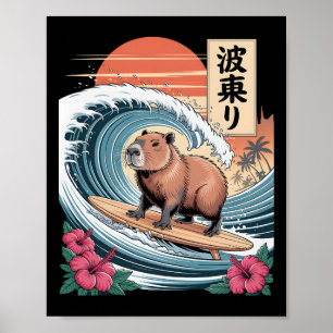 Capyra Surfing Big Wave Tropical Sunset Japanese V Poster