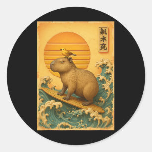 Capyra Surfing Wave Japanese Vintage Ukiyo-e Art  Classic Round Sticker