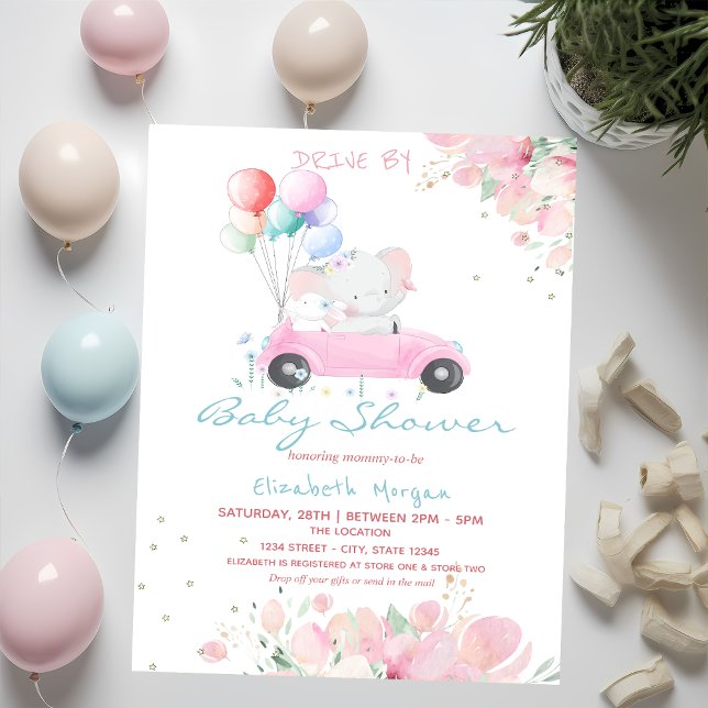Car Balloons Dots Floral Drive By Baby Shower Invitation (Creator Uploaded)