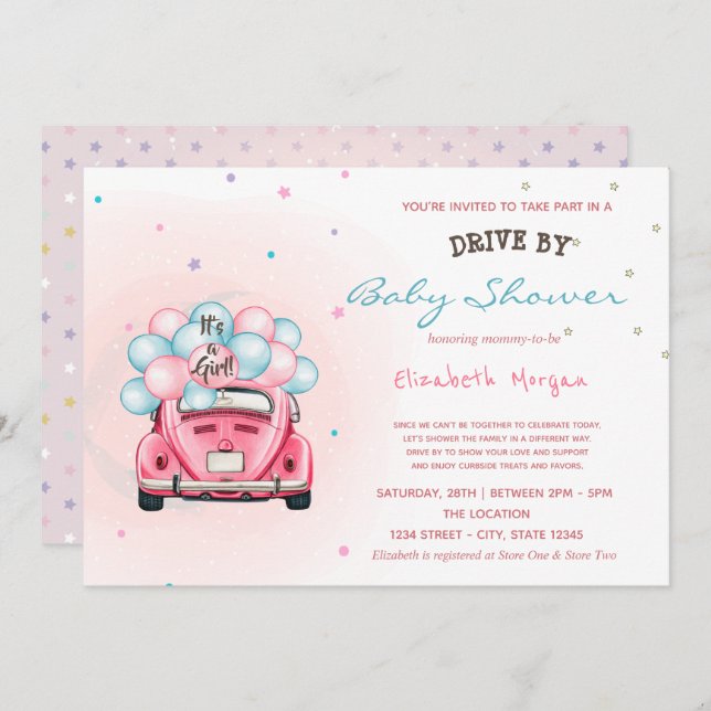 Car Balloons Stars Drive By Baby Shower Invitation (Front/Back)