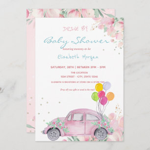 Car Balloons Stars Floral Drive By Baby Shower Invitation