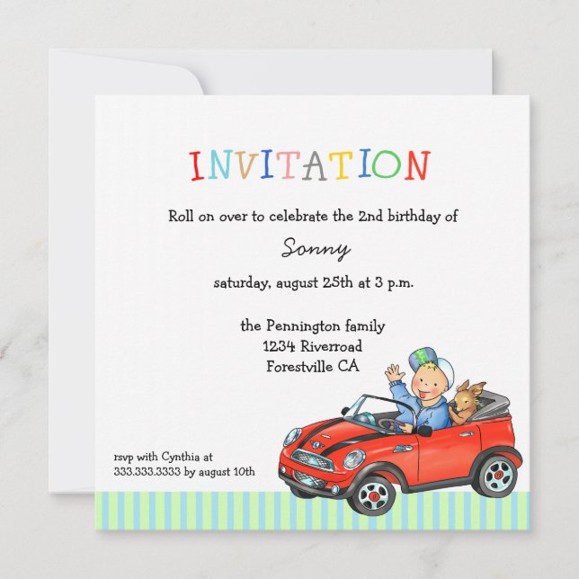 Car dog driver boy's birthday party invitation (Front)