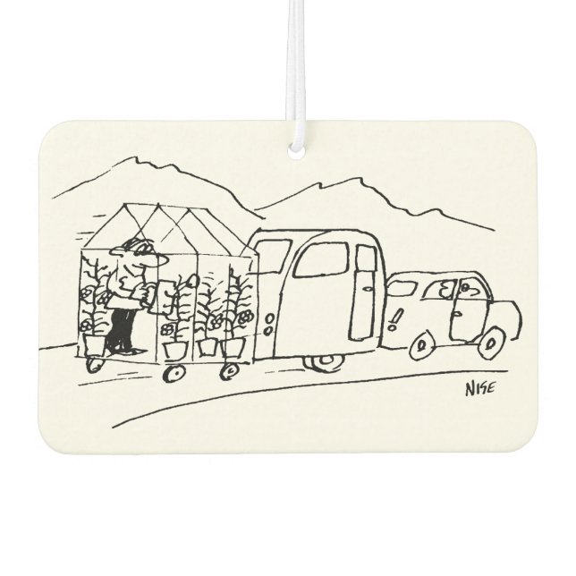 Car is Towing a Caravan and also a Greenhouse Car Air Freshener (Front)
