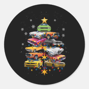 Car Madness Christmas Tree Classic Muscle Cars Xma Round Sticker