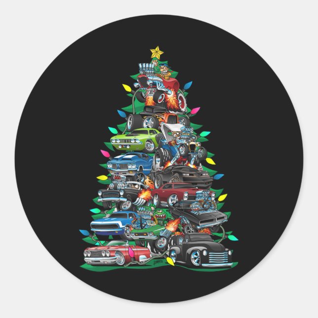 Car Madness Christmas Tree! Muscle Cars And Hotrod Classic Round Sticker (Front)
