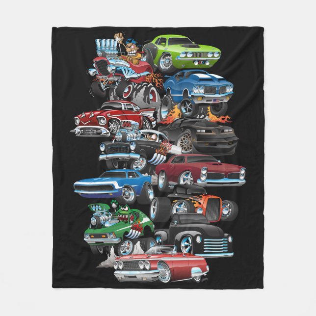 Car Madness! Muscle Cars and Hot Rods Cartoon Fleece Blanket (Front)