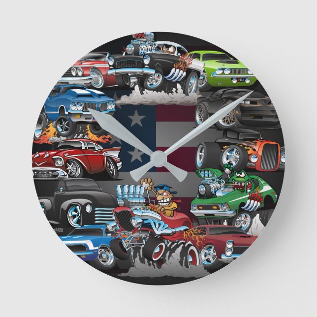 Car Madness! Muscle Cars and Hot Rods Cartoon Round Clock (Front)